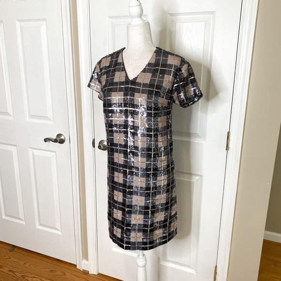 Sample Designer Shift Dress Sequins Plaid Short Sleeve RARE - Picture 2 of 7